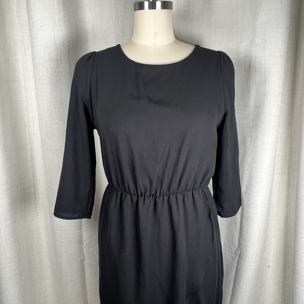 Everly Black Dress 3/4 Sleeves Elastic Blouson Waist Medium Classic Minimalist - Picture 2 of 9